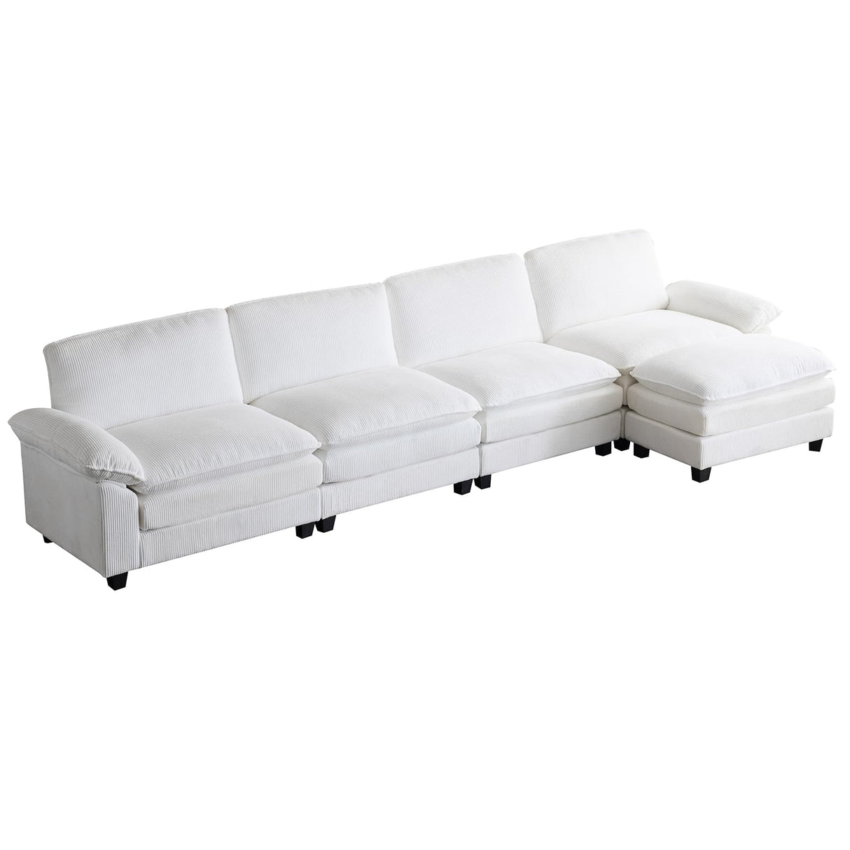 Karl home Sectional Sofa Modular Deep Seat Sofa Couch with Ottoman, Corduroy Sofa Sleeper Comfy Upholstered Furniture for Living Room, Apartment, Studio, Office, (4-Seat & 1-Ottoman, White)