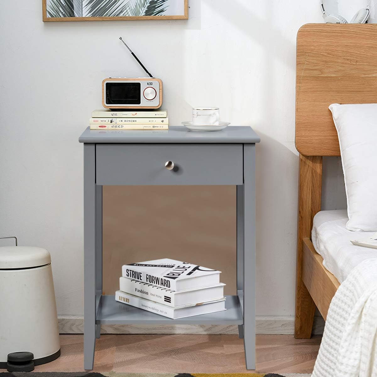 Nightstand Wooden 2-Tier Couch Sofa Side Table with Drawer, Storage Shelf