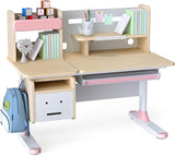 Ergonomic Height Adjustable Wooden Children Desk with Tilted Desktop, Pull Out Drawer,