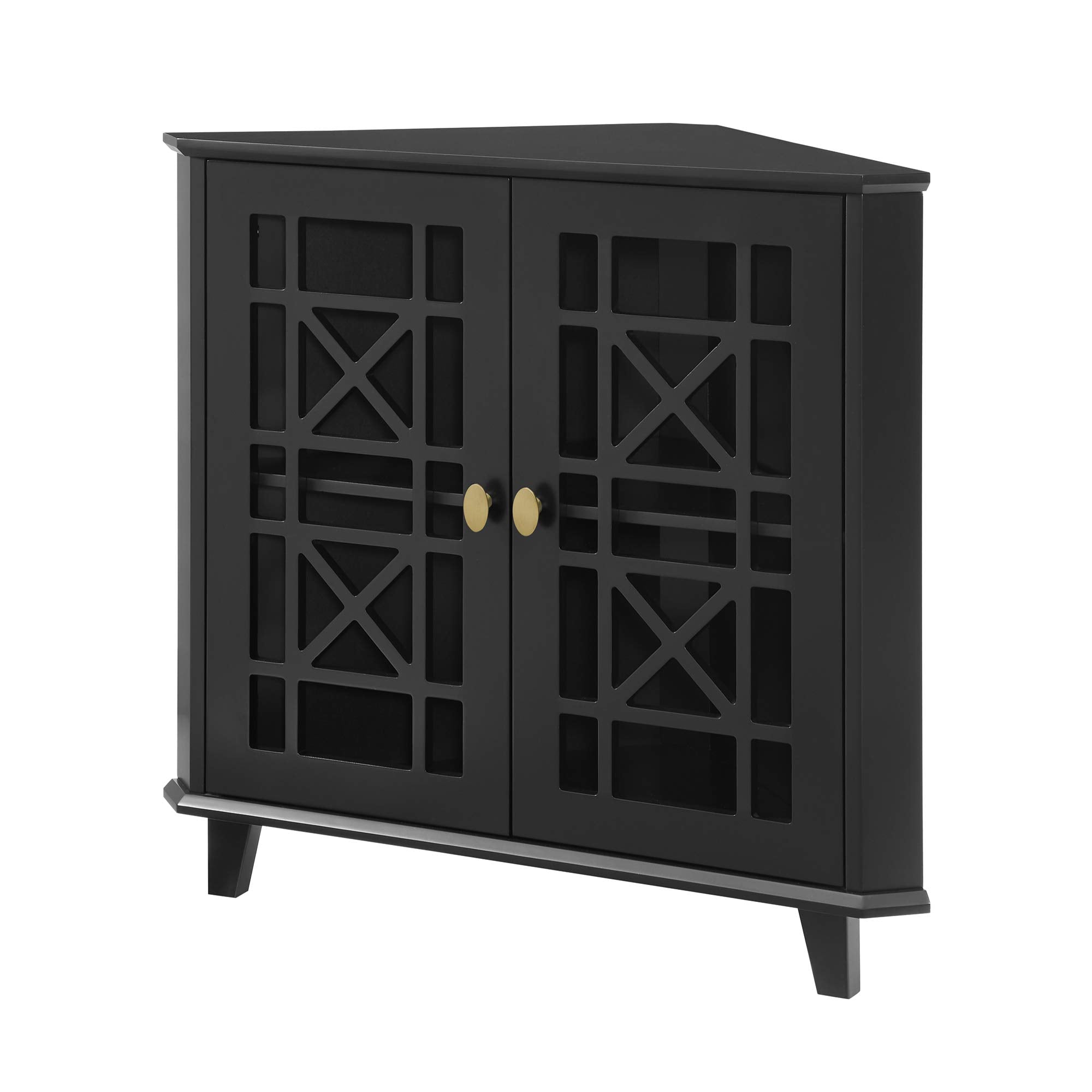 Ronne 2 Door Corner Accent Table with Fretwork Detail, 32 Inch, Black
