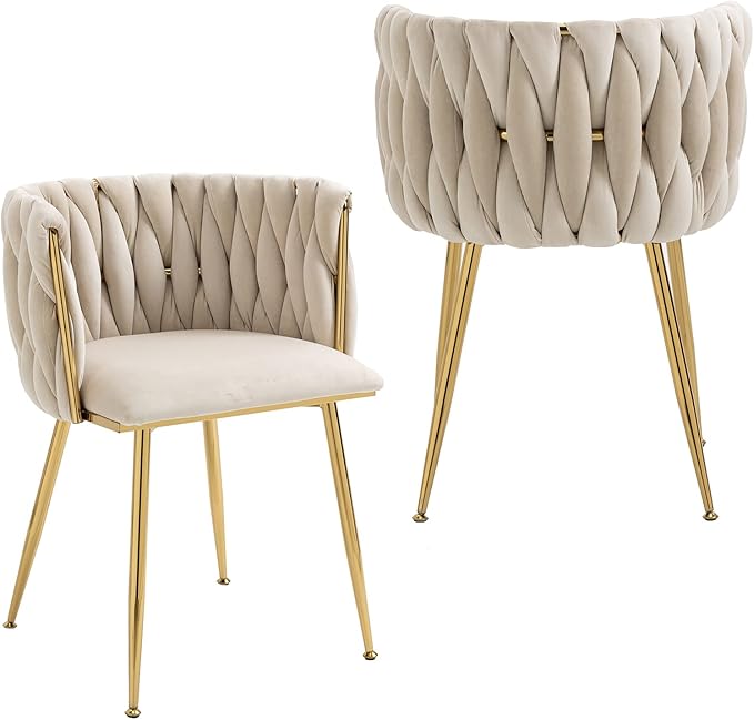 Modern Velvet Dining Chairs Set of 2 Hand Weaving Accent Chairs Living Room Chairs