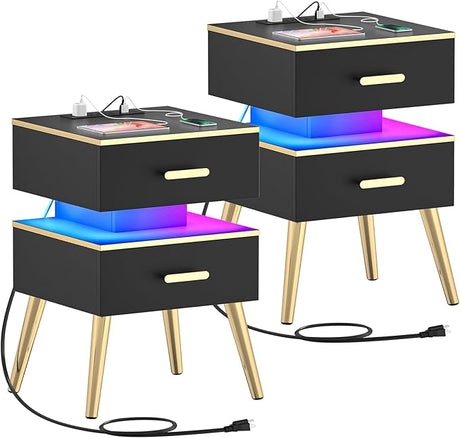 Nightstands set of 2 with Charging - White Night Stand with Charger Station & LED