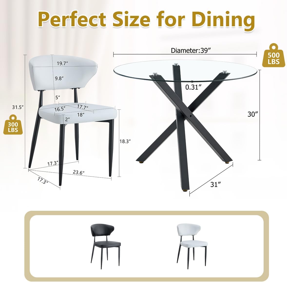 39" Round Glass Dining Table Set for 4 - Modern 5-Piece Kitchen Set