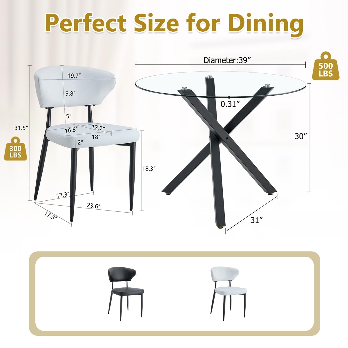 39" Round Glass Dining Table Set for 4 - Modern 5-Piece Kitchen Set