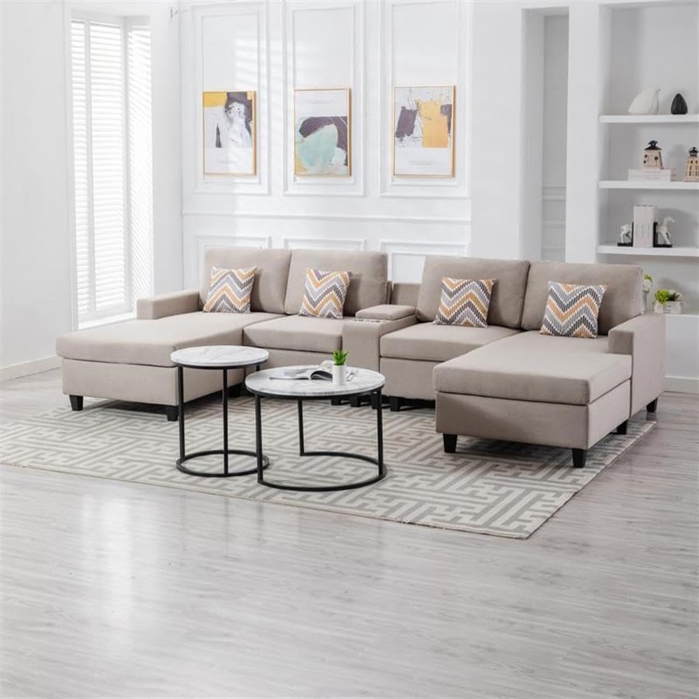 Nolan Beige Linen Fabric 5Pc Double Chaise Sectional Sofa