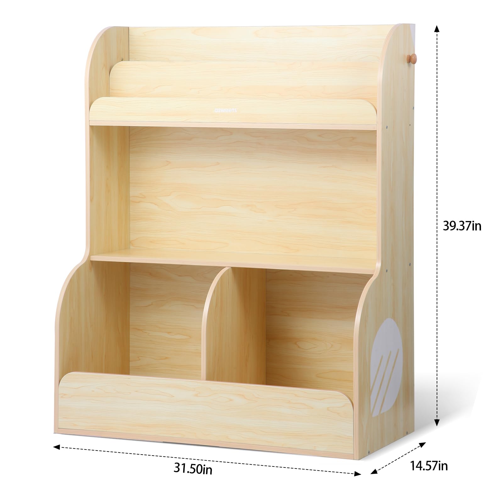 Bookshelf & Montessori Toy Storage Cubby, 3 Tiers Children Wooden Bookcase