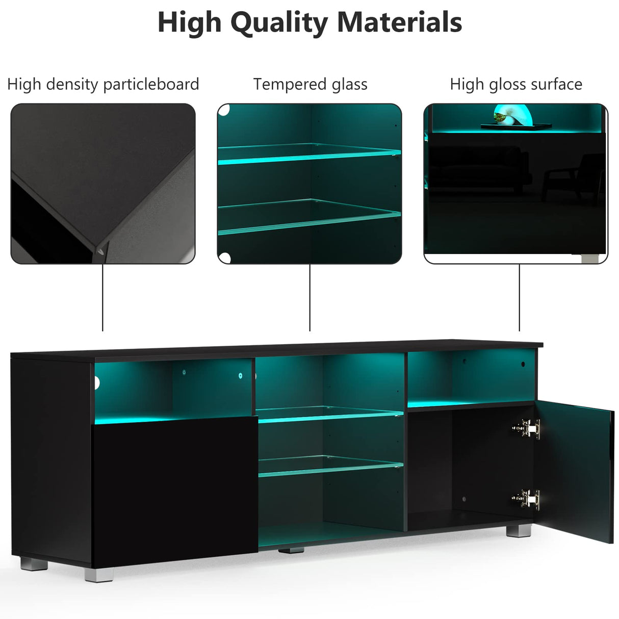 LED TV Stand for 65 inch TVs, Modern TV Stand with LED Lights and High Glossy Cabinets