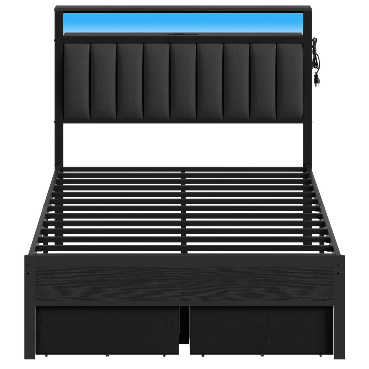 Full Size Bed Frame with Charging Station and LED Lights