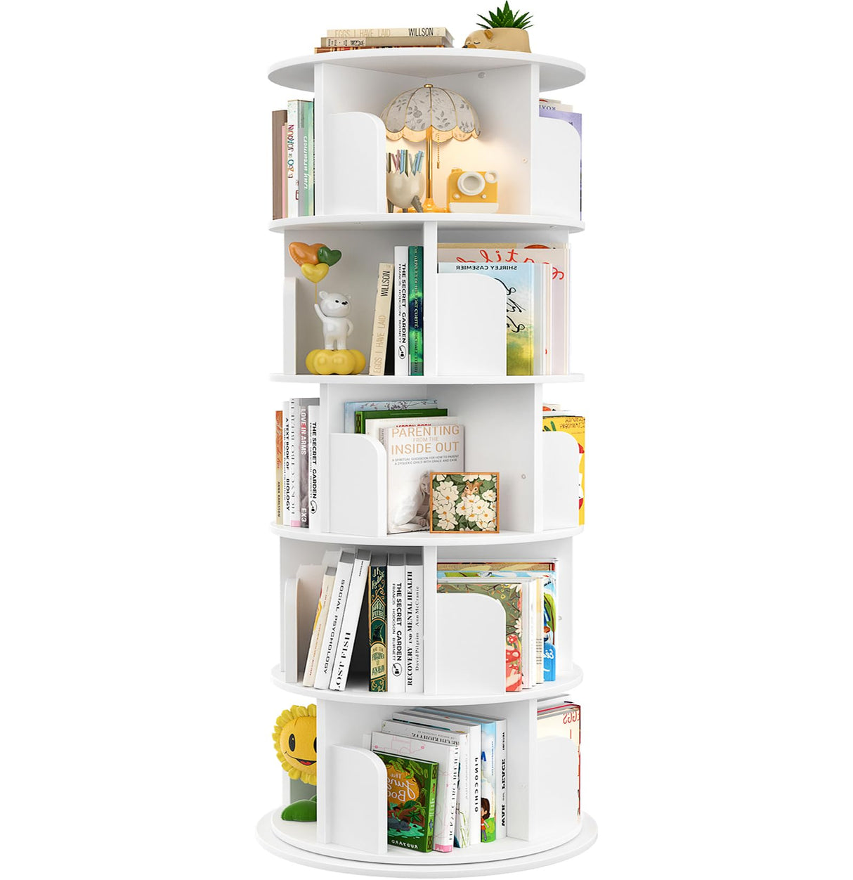 Rotating Bookshelf, 360 Display Wood Spinning Bookshelf Tower, 5 Tier Floor Standing Bookcase Storage Rack, Revolving Bookcase Corner Bookshelf for Small Space, Bedroom, Study Room, White