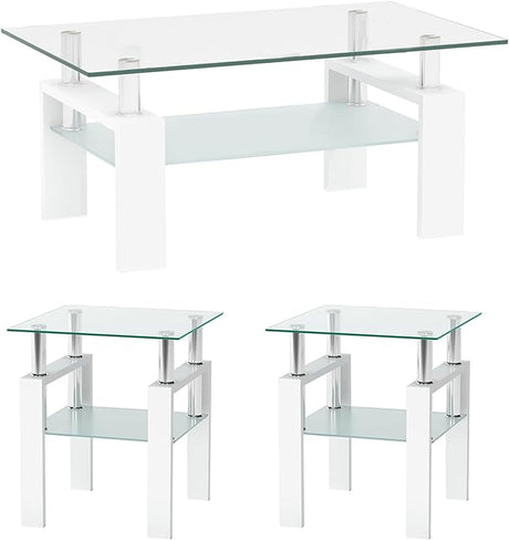 Modern Tempered Glass Coffee Table Set - 1/2/3 Piece Living Room Table Set - Sleek Design