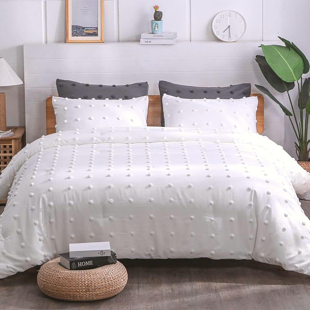 Tufted White Full Comforter Set (80x90 inches), 3 Pieces- Soft Cotton Jacquard