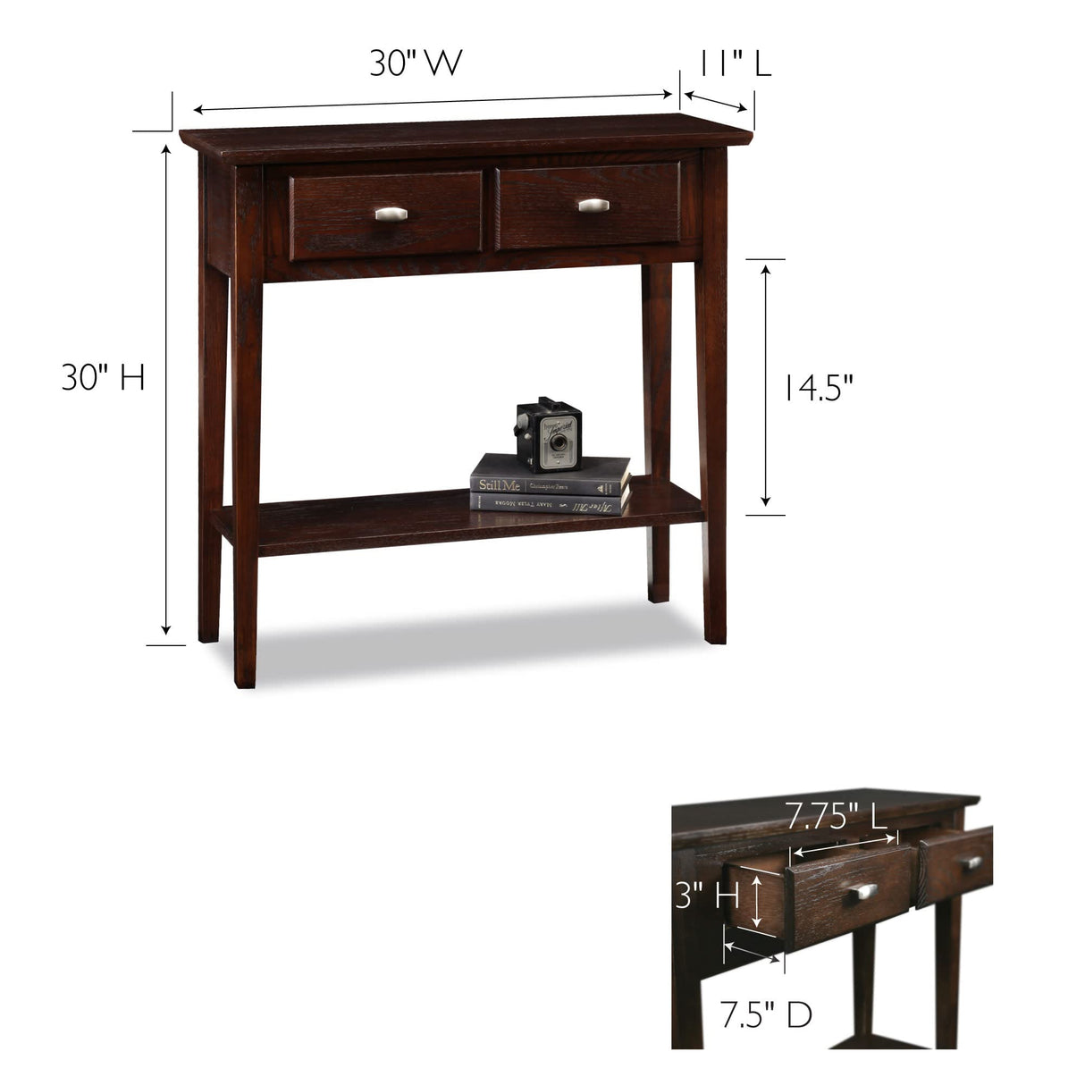 10075-CH Two Drawer Sofa Table Hall Console with Shelf, Chocolate Oak, 11 in x 30