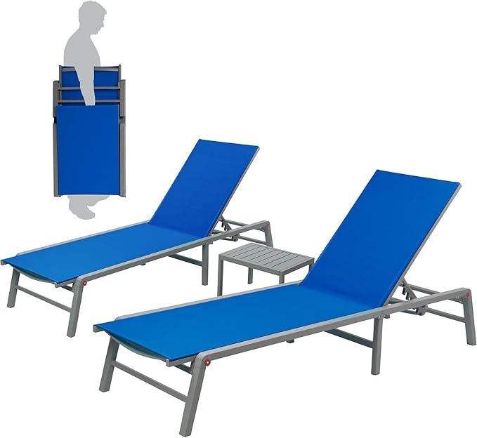 Lounge Chair Outdoor Foldable Outdoor Lounge Chair (2Blue Textilence W/O Table)