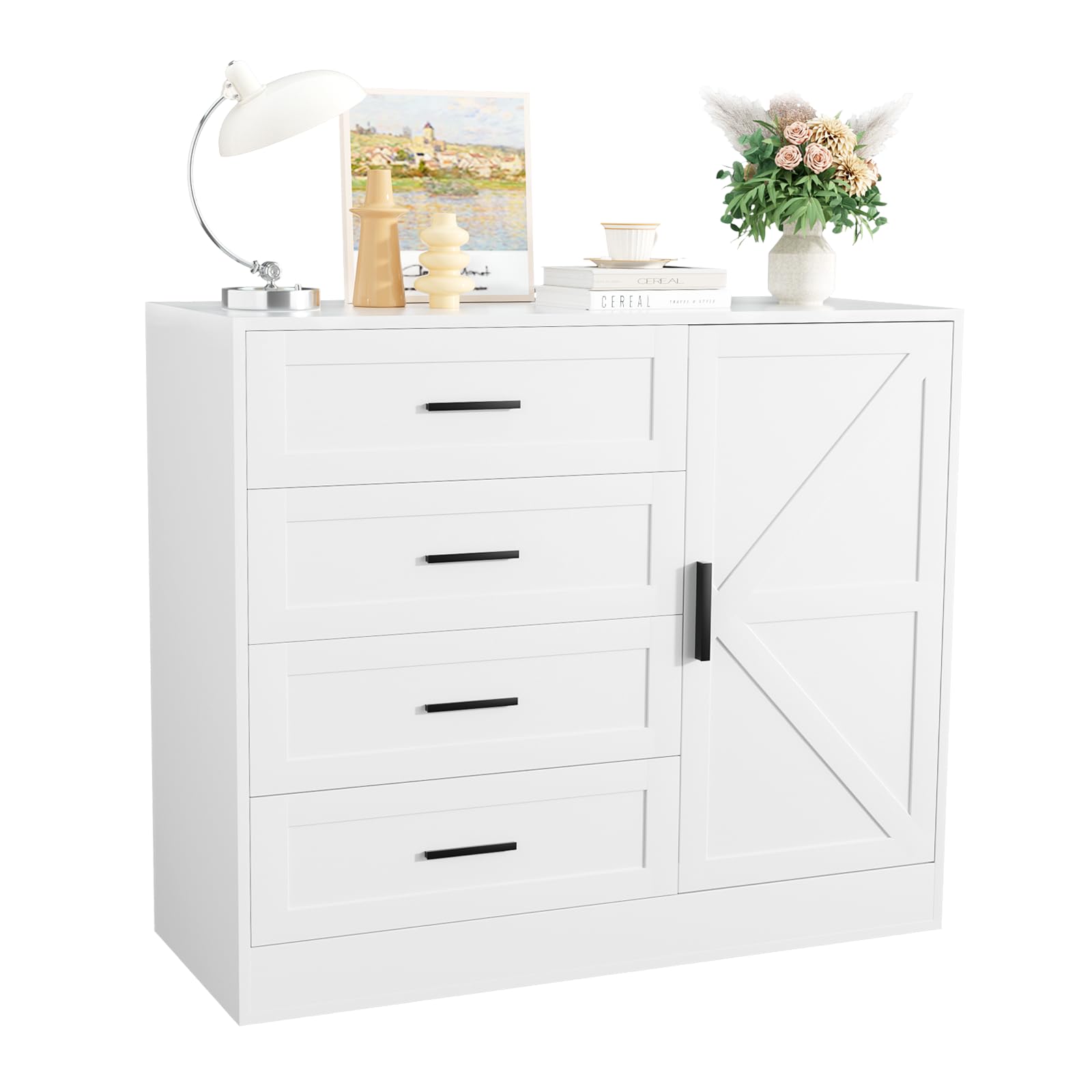 4 Drawer Dresser with Barn Door, Wooden Storage Cabinet with Drawers and Shelves