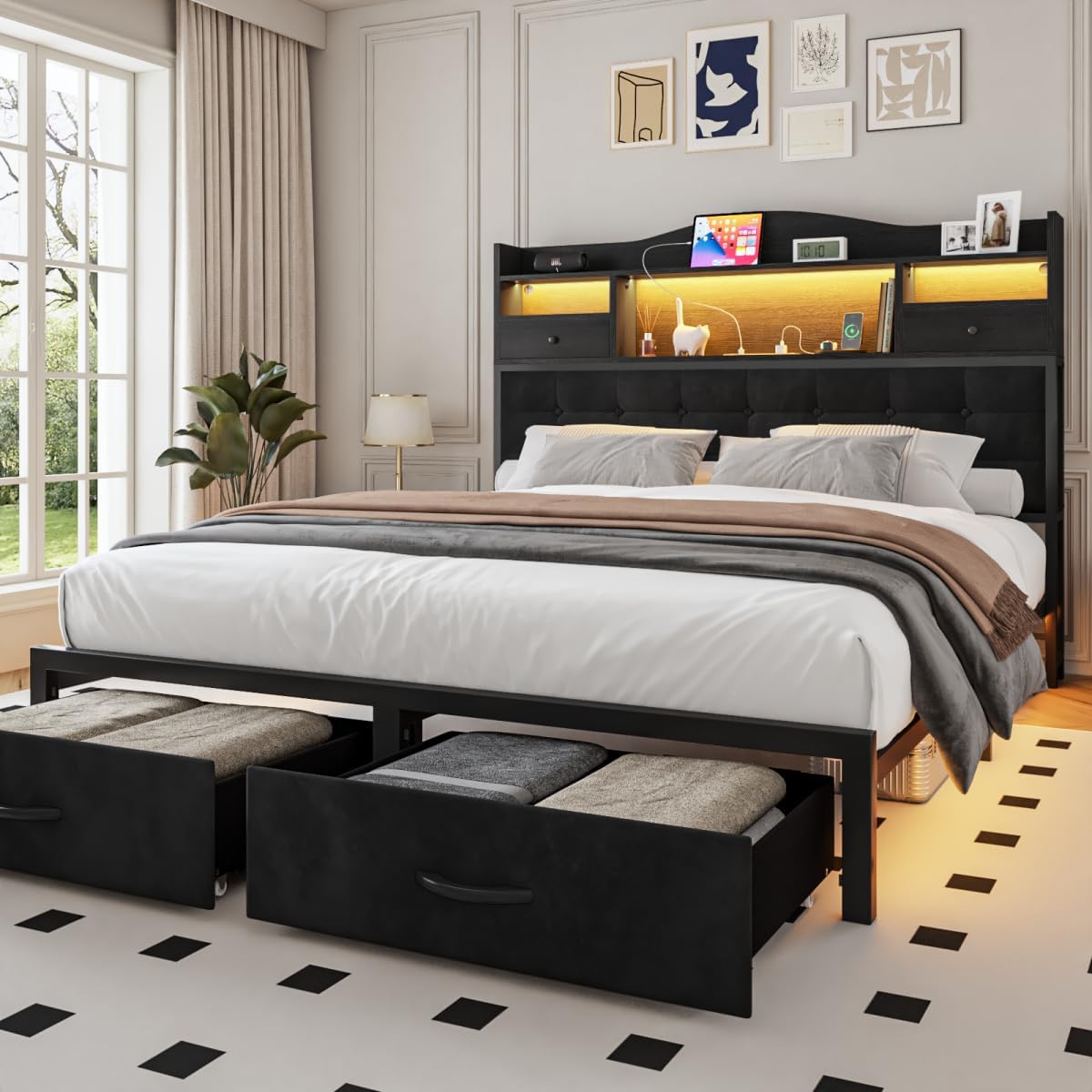 Full Bed Frame with Storage Headboard and LED Lights