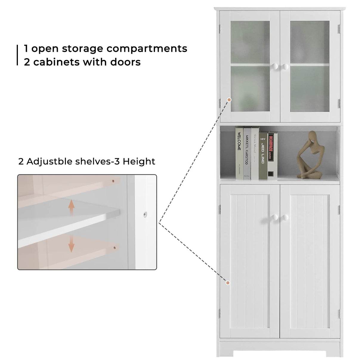 Tall Bathroom Storage Cabinet, Large Floor Cabinet with Open Compartments and 2