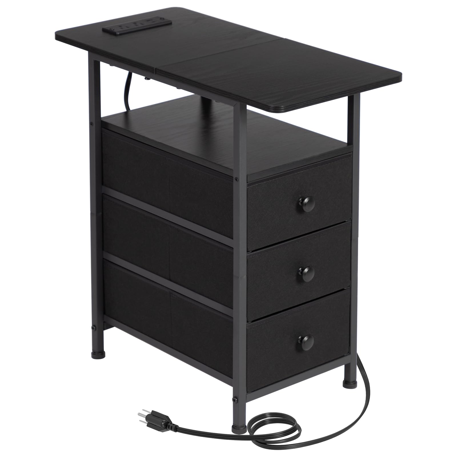 Narrow Side Table with Charging Station, Slim End Table