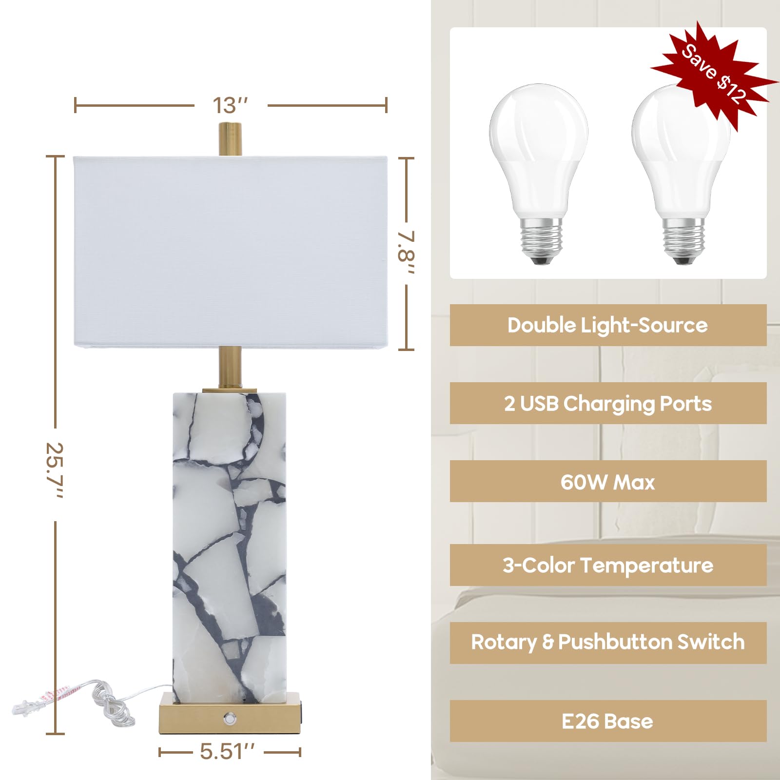 Natural Marble Table Lamps Set of 2 with USB Ports & 3-Color Nightlight