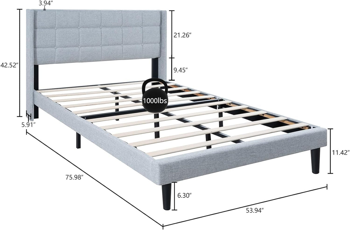 Bed Frame with Upholstered Headboard, Platform Bed Frame Featuring Linen Fabric