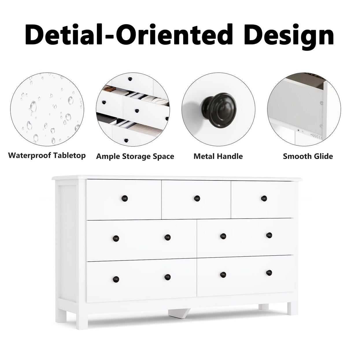 White Dresser for Bedroom, 7 Drawer Dresser & Chest of Drawer with Black Handle