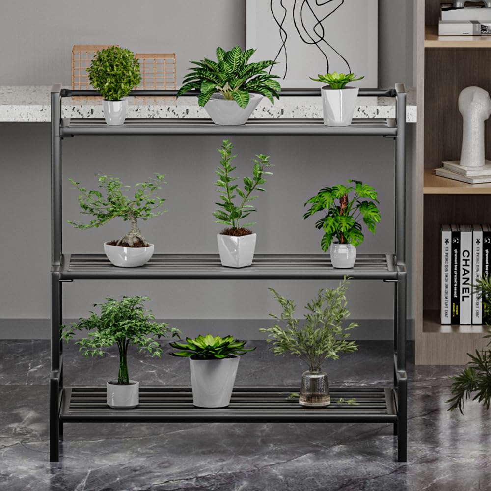 DHYGOTFUR Versatile 3-Tier Metal Plant Stand, Waterproof and Rust-resistant, Heavy-duty Flower Pot Holder for Indoor/Outdoor Use - Adds Elegance to Garden and Home Decor, Black