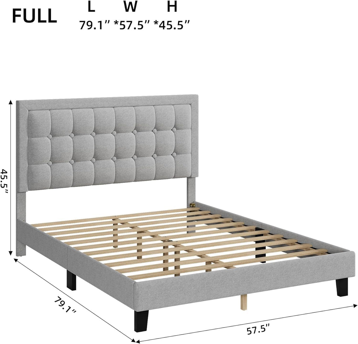 Full Size Bed Frame with Button Tufted Headboard, Upholstered Low Platform Bed Frame,