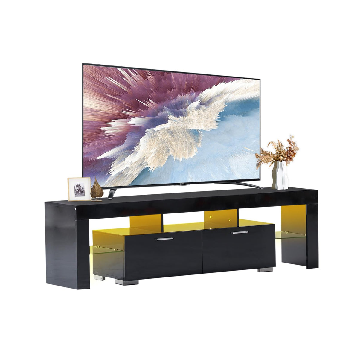 TV Stand for 75 inch TV, Black TV Stand with LED Lights, Modern Entertainment Center