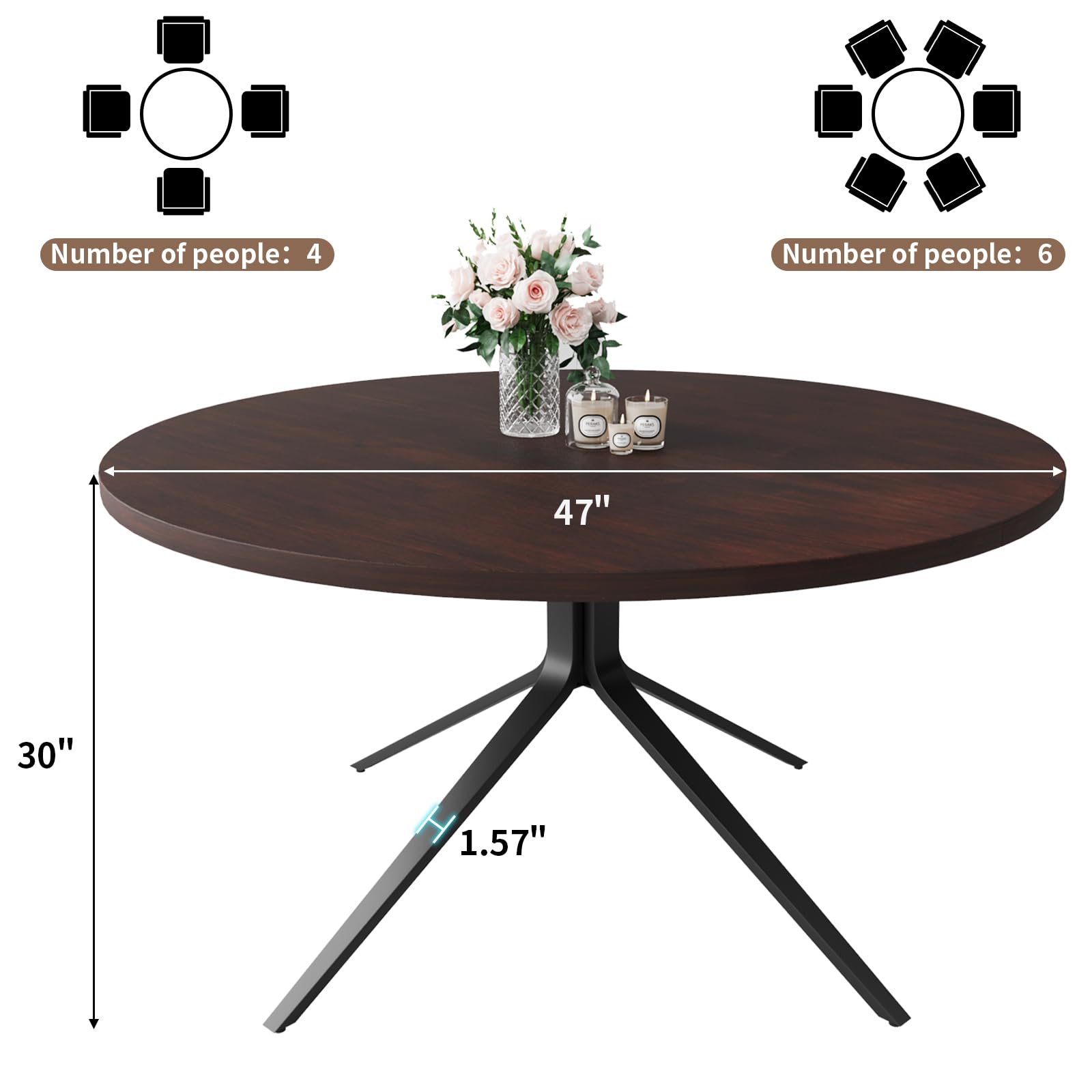 47-Inch Round Solid Wood Dining Table for 4-6 People