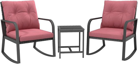 3 Pieces Patio Bistro Set Outdoor Rocking Chair w Cushion for Yard Garden Poolside (Red)