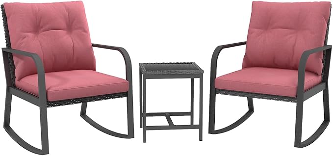 3 Pieces Patio Bistro Set Outdoor Rocking Chair w Cushion for Yard Garden Poolside (Red)