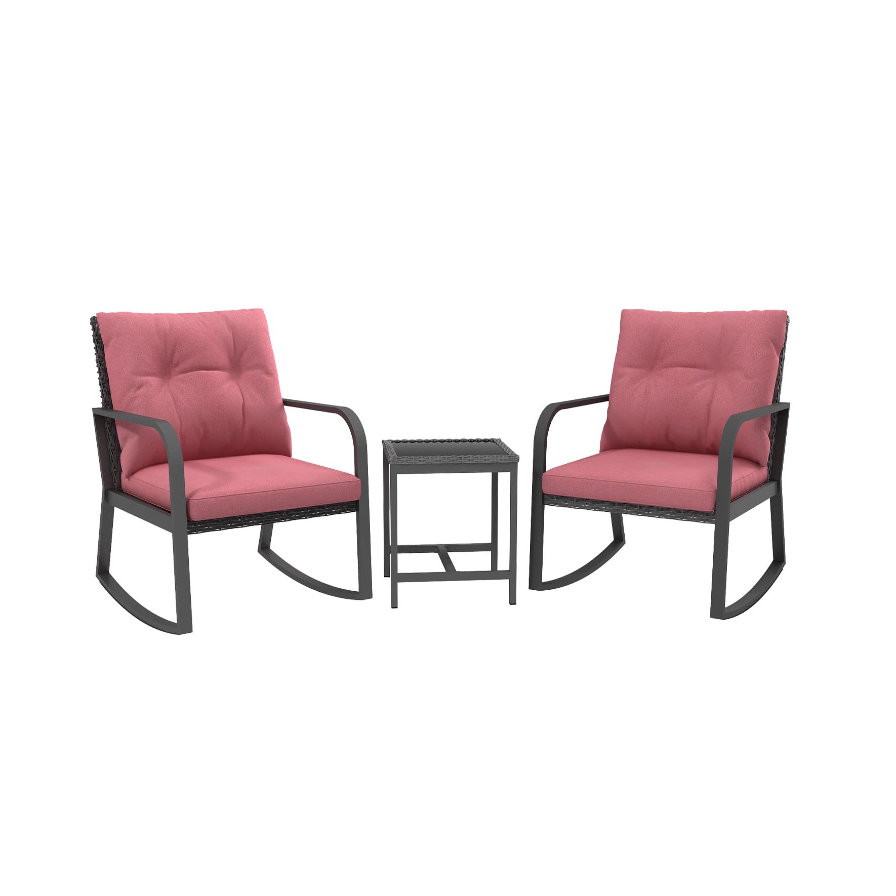 3 Pieces Patio Bistro Set Outdoor Rocking Chair w Cushion for Yard Garden Poolside (Red)