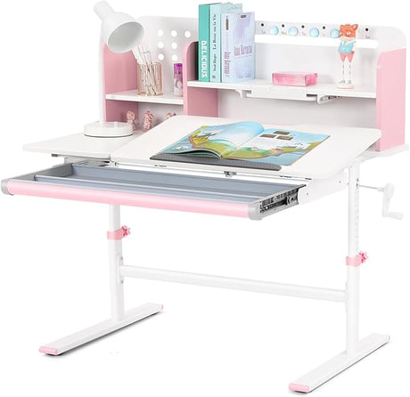 39in Wide Adjustable Height Kids Desk with Tilting Desktop, Steel Frame, Drawer