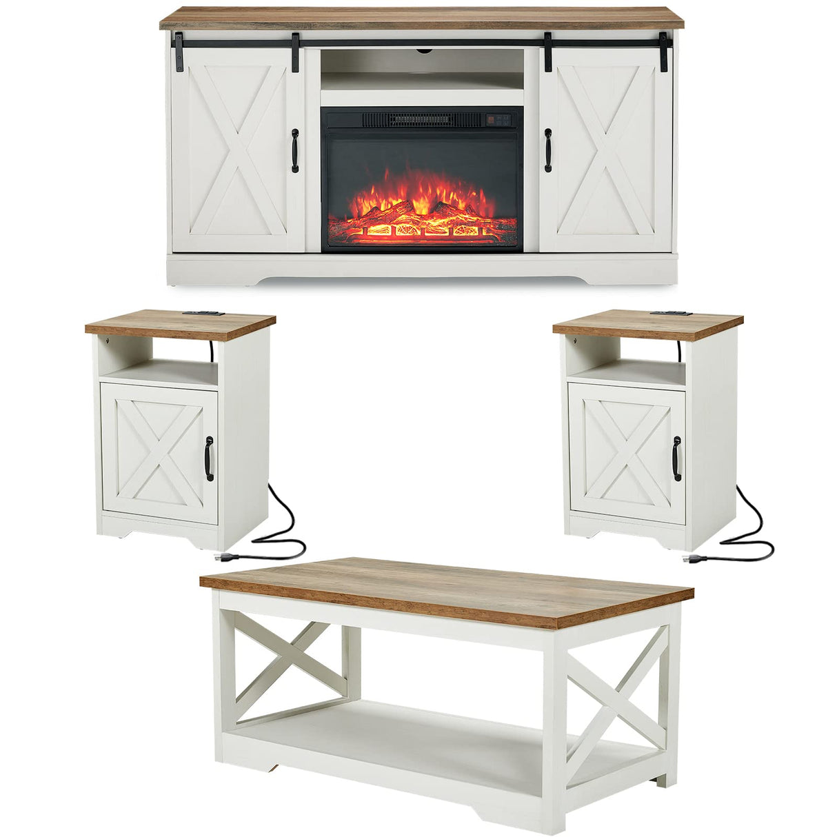 5-Piece Farmhouse Table Set includes Fireplace TV Stand, Coffee Table& Two End Tables