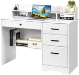 White Desk with 4 Drawers, Home Office Desks Small Desk with Hutch and Shelf