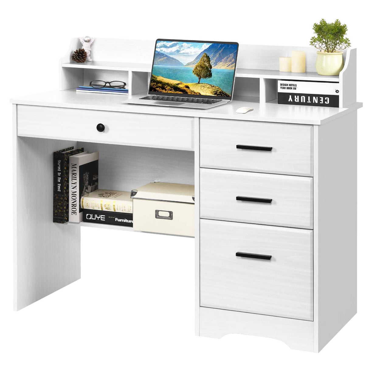 White Desk with 4 Drawers, Home Office Desks Small Desk with Hutch and Shelf