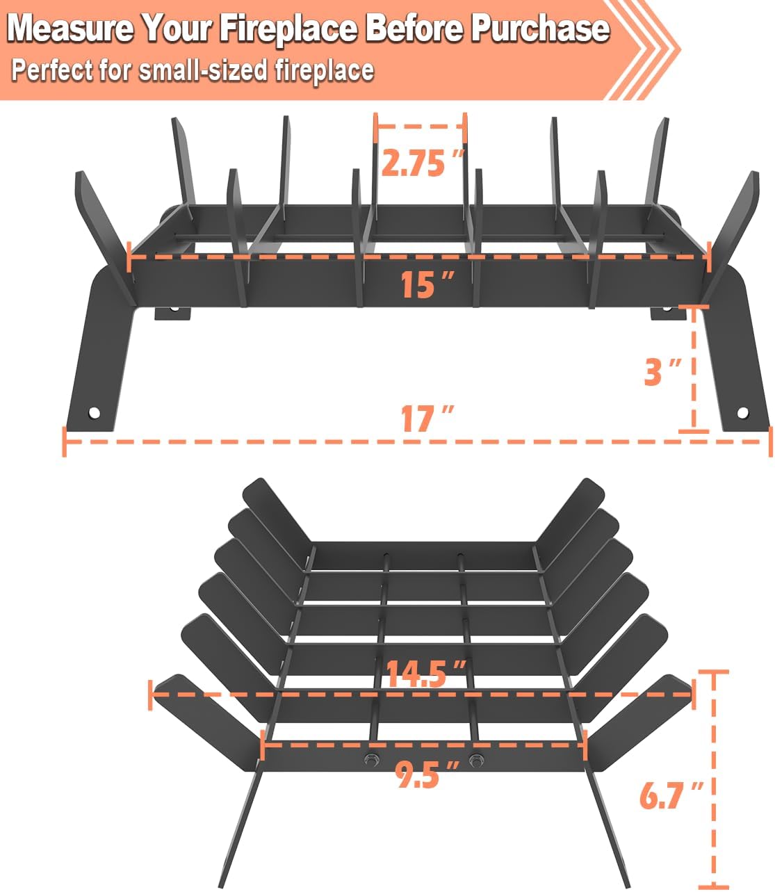 17 Inch Heavy Duty Fireplace Grate, Small Fire Wood Log Burning Rack Holder