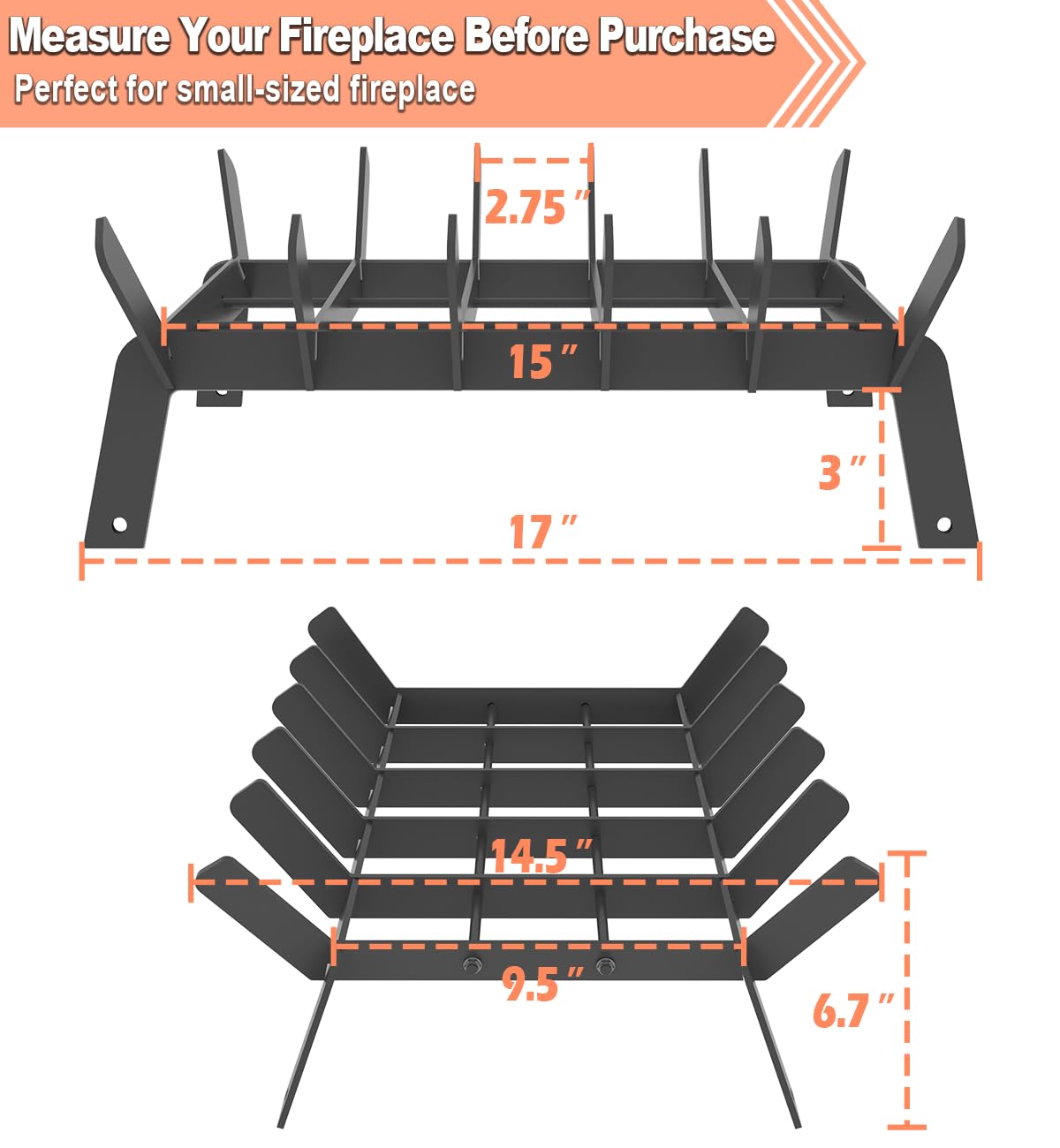 17 Inch Heavy Duty Fireplace Grate, Small Fire Wood Log Burning Rack Holder