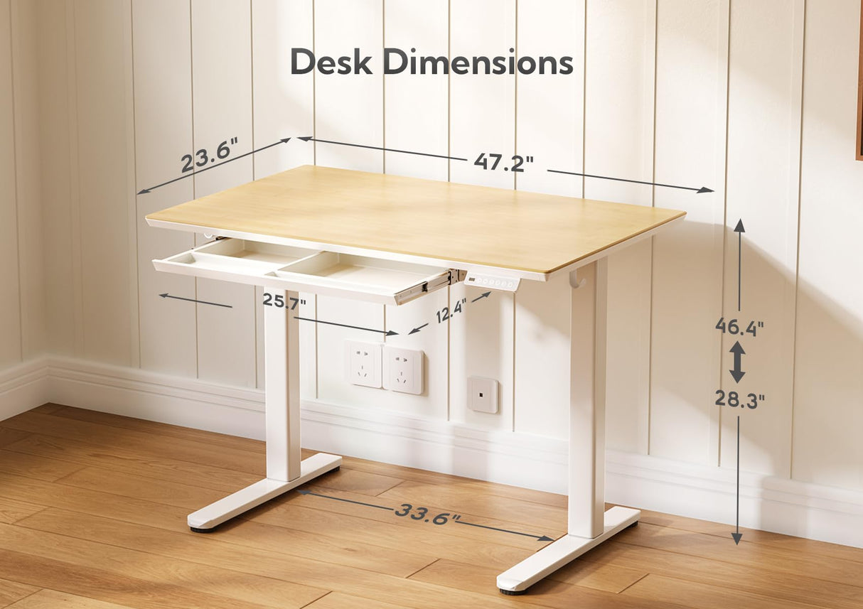 INNOVAR Bamboo Standing Desk with Drawers,48 Inch Adjustable Stand Up Desk,Quick Install Electric Home Office Stand Desk with Whole-Piece Board,Adjustable Height Computer Desk,White Frame/Bamboo Top