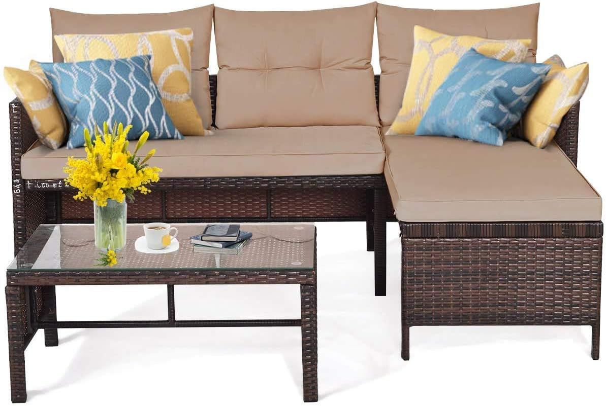 3 PCs Outdoor Patio Sofa Set, Rattan Sofa Set with Coffee Table, Lounge Chaise