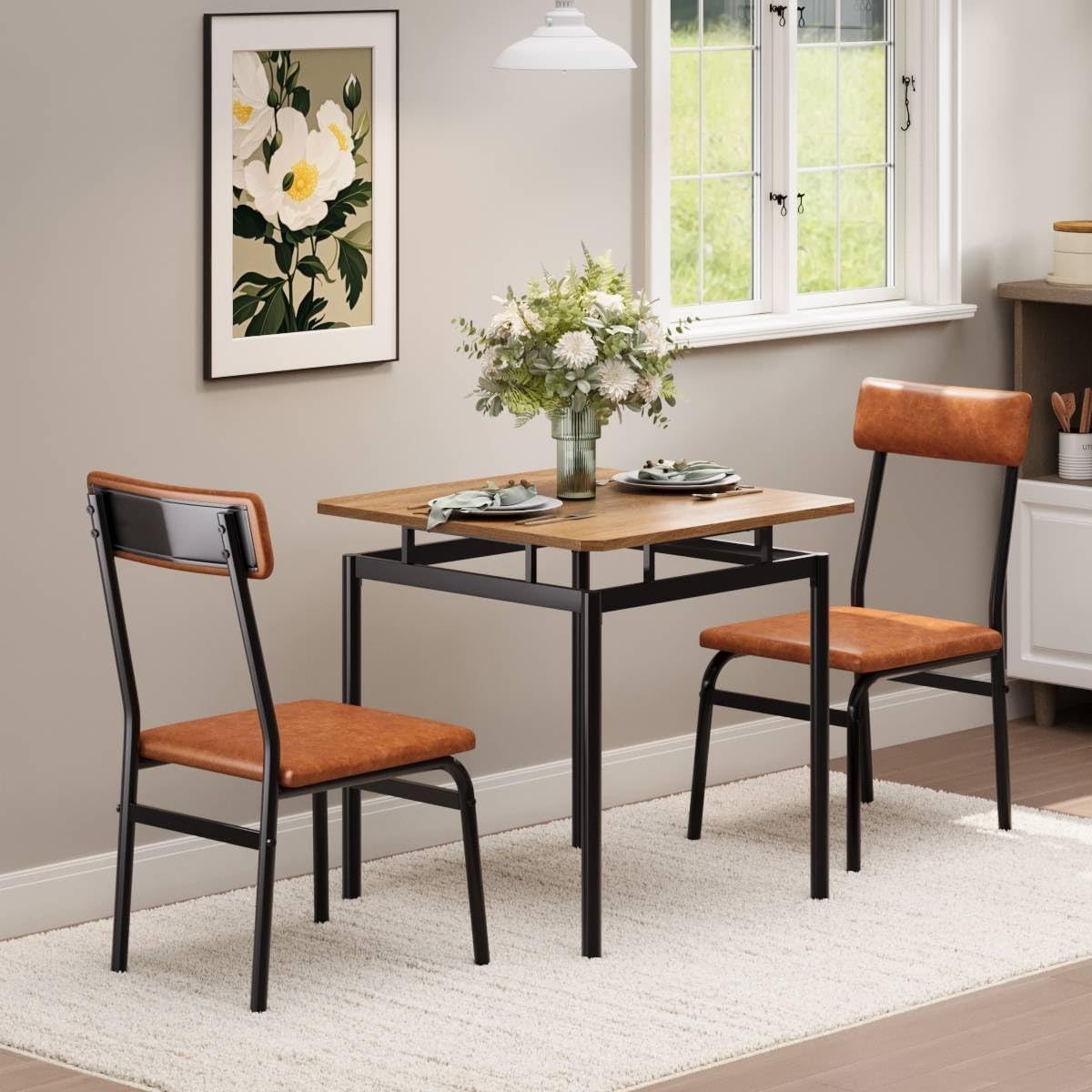 3-Piece Small Dining Table Set for 2 - Farmhouse Brown