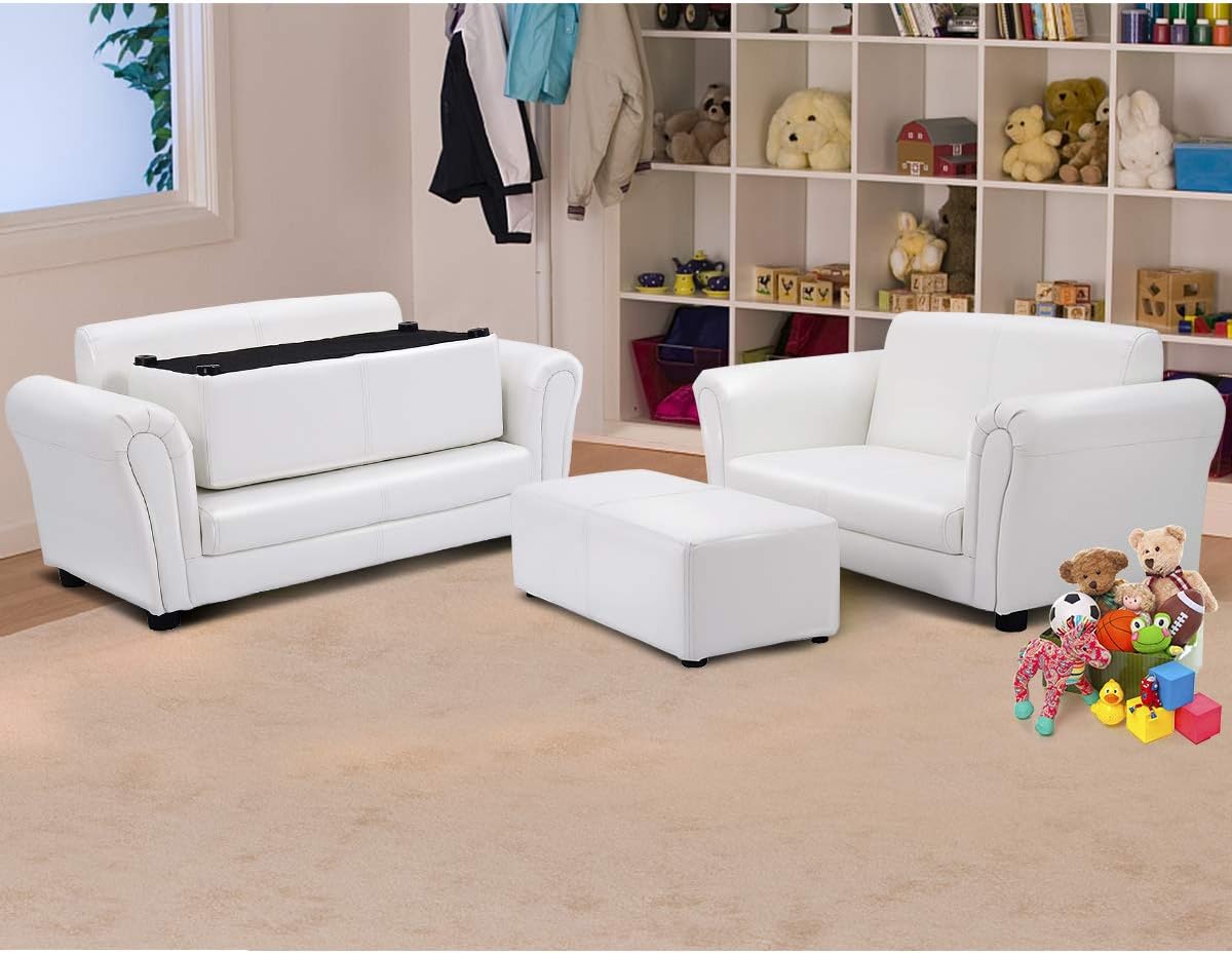 Kids Couch with Footstool, 2 in 1 Double Seat Children's Sofa w/PU Leather Surface