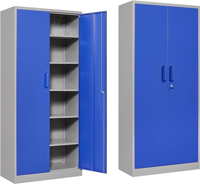 Metal Garage Storage Cabinet with 2 Doors and 5 Adjustable Shelves 71" Pantry Cabinet