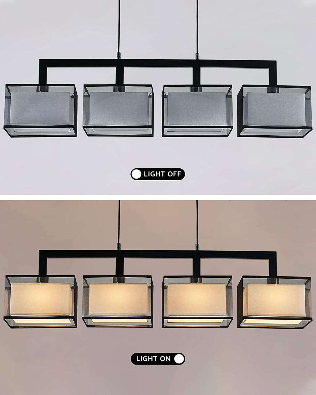 Modern Rectangular Chandelier Hanging Light Fixture 4 Lights with Fabric Lampshade