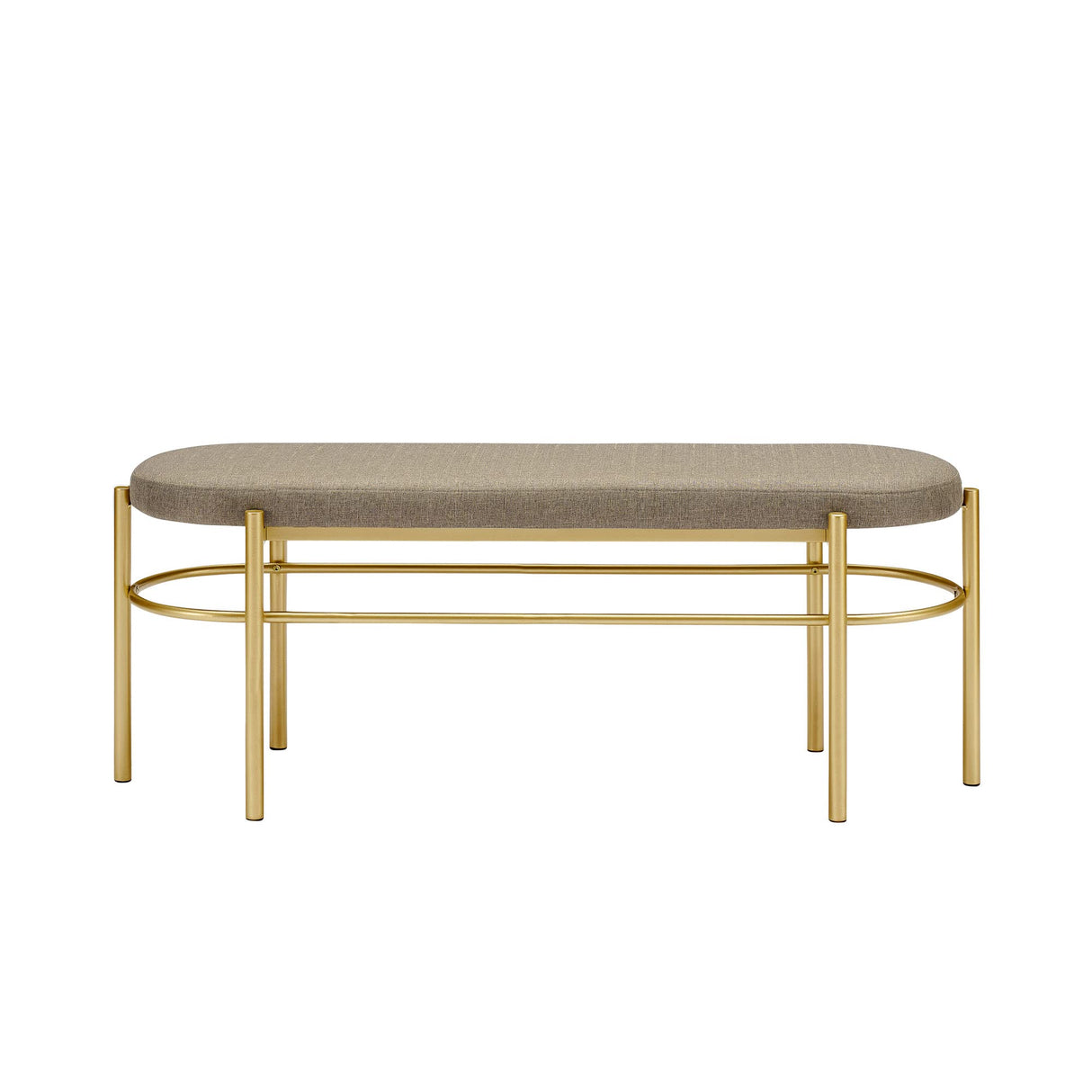 Modern Glam Upholstered Oval Entry Bench, 48 Inch, Taupe/Gold