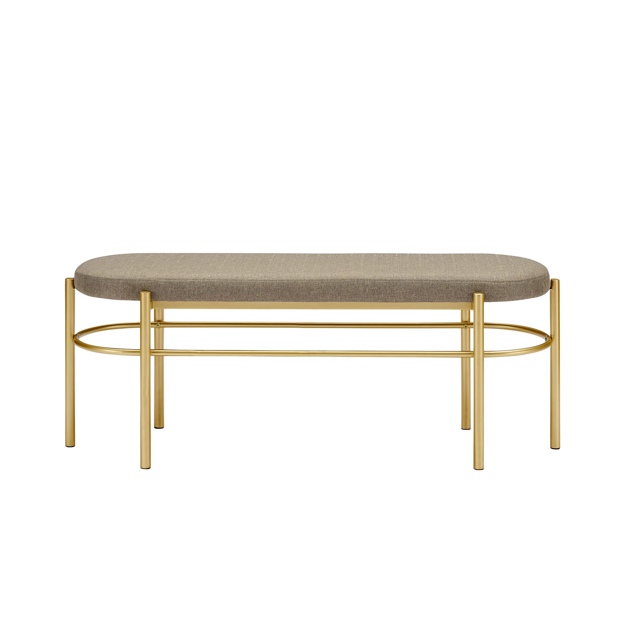 Modern Glam Upholstered Oval Entry Bench, 48 Inch, Taupe/Gold