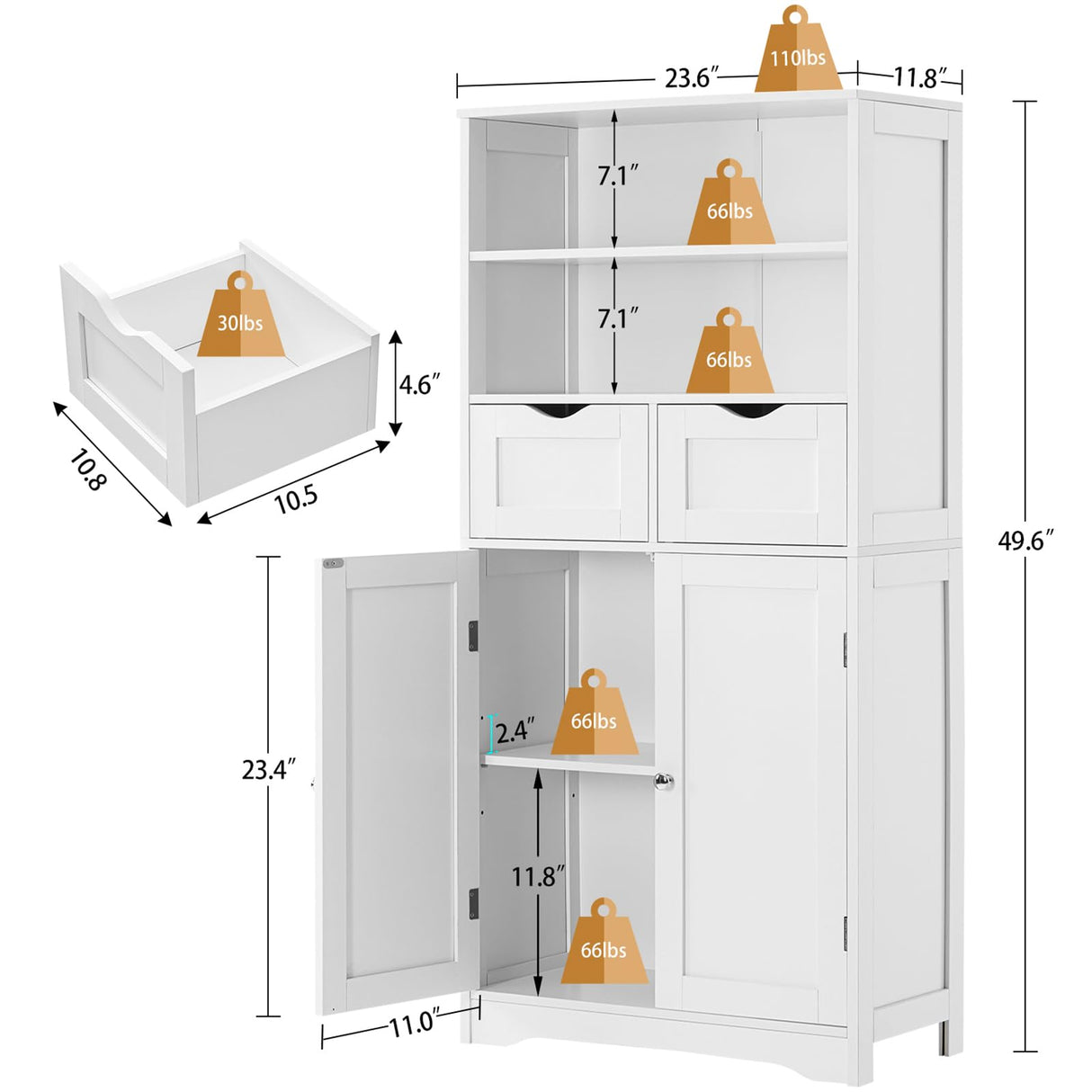 Iwell Tall Bathroom Cabinet, Storage Cabinet with 2 Drawers & Adjustable Shelves, Bathroom Floor Cabinet for Living Room, Dining Room, Entryway, White