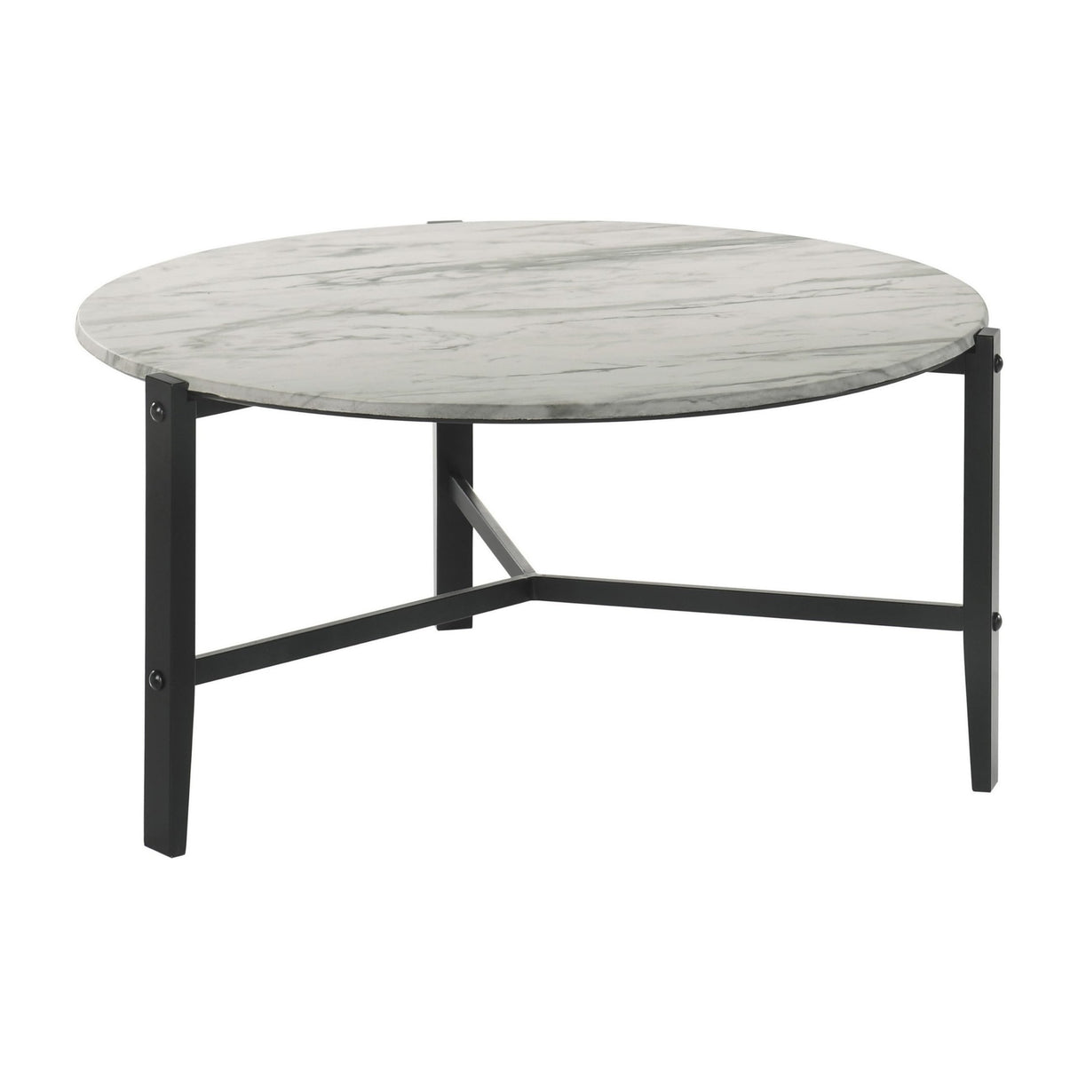 Zuko 36 Inch Round Coffee Table, Faux Marble Design, Interlocked Legs, White, Black