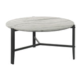 Zuko 36 Inch Round Coffee Table, Faux Marble Design, Interlocked Legs, White, Black