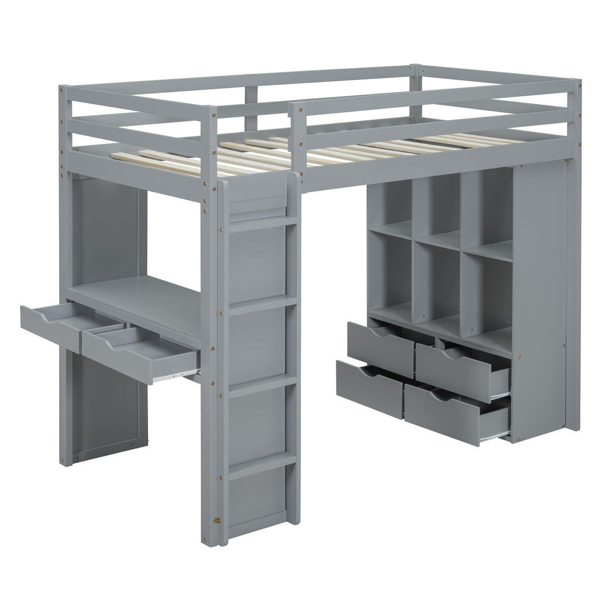 Full-Size Loft Bed with Built-in Desk and LED Light for Kids Teens