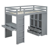Full-Size Loft Bed with Built-in Desk and LED Light for Kids Teens